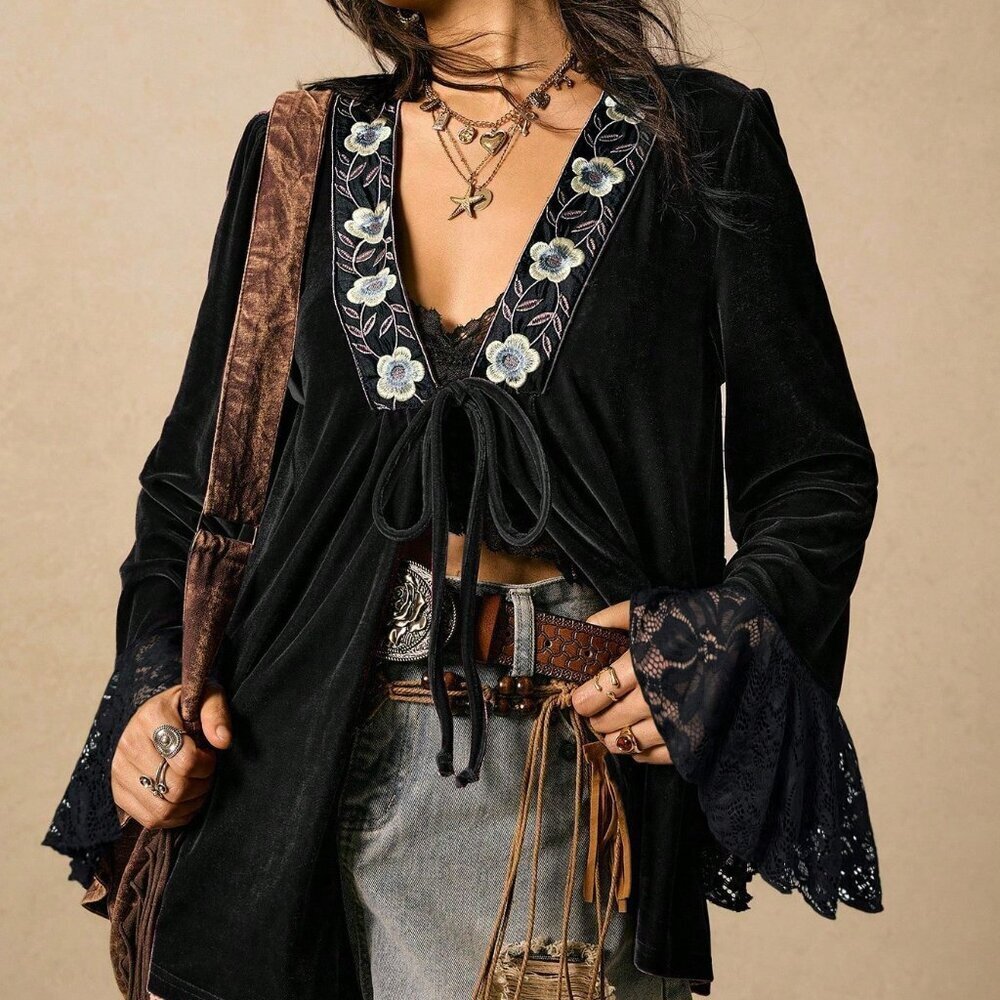 Black Boho Women's Nomadic V-Neck Tie-Up Blouse - Picture 5 of 6
